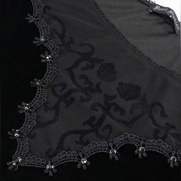 Devil Fashion Gothic Velvet Off Shoulder Top XS S Black Sheer Lace NWT - Picture 4 of 13